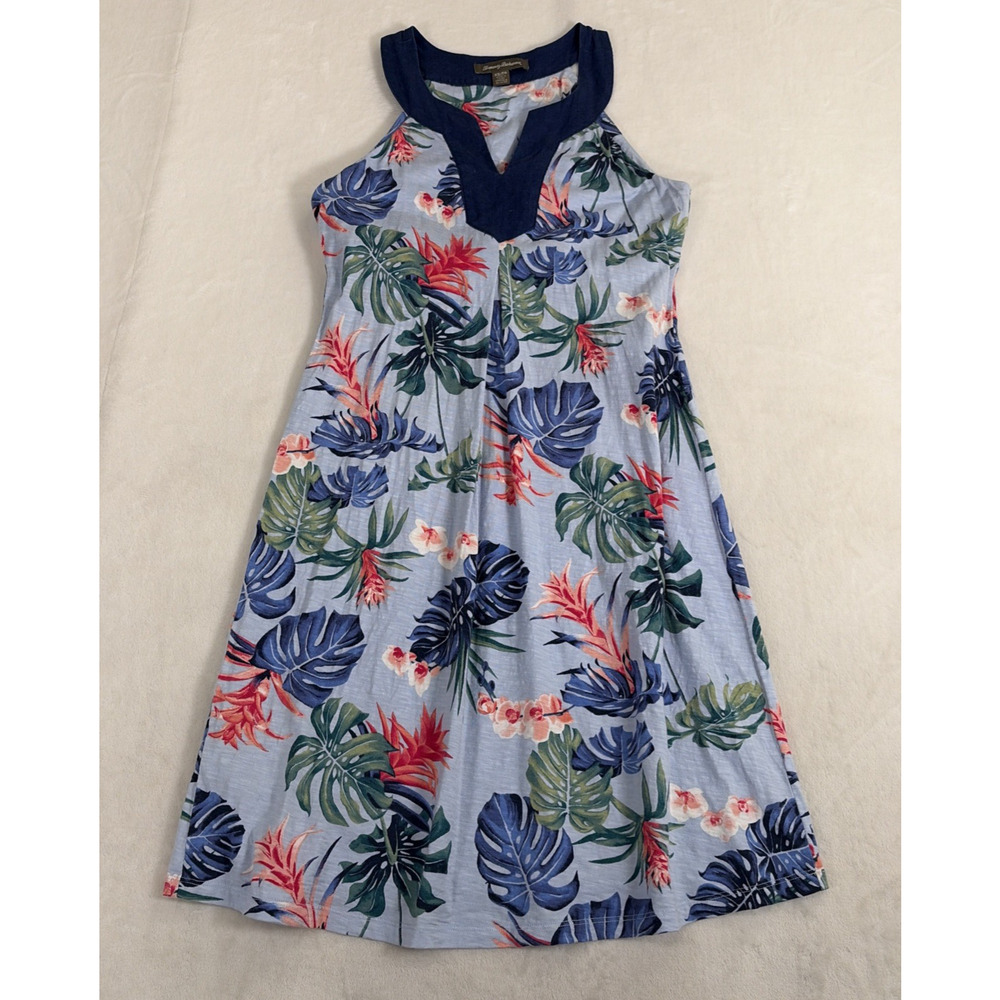 Tommy Bahama Blue Tropical Midi Dress with Navy Trim